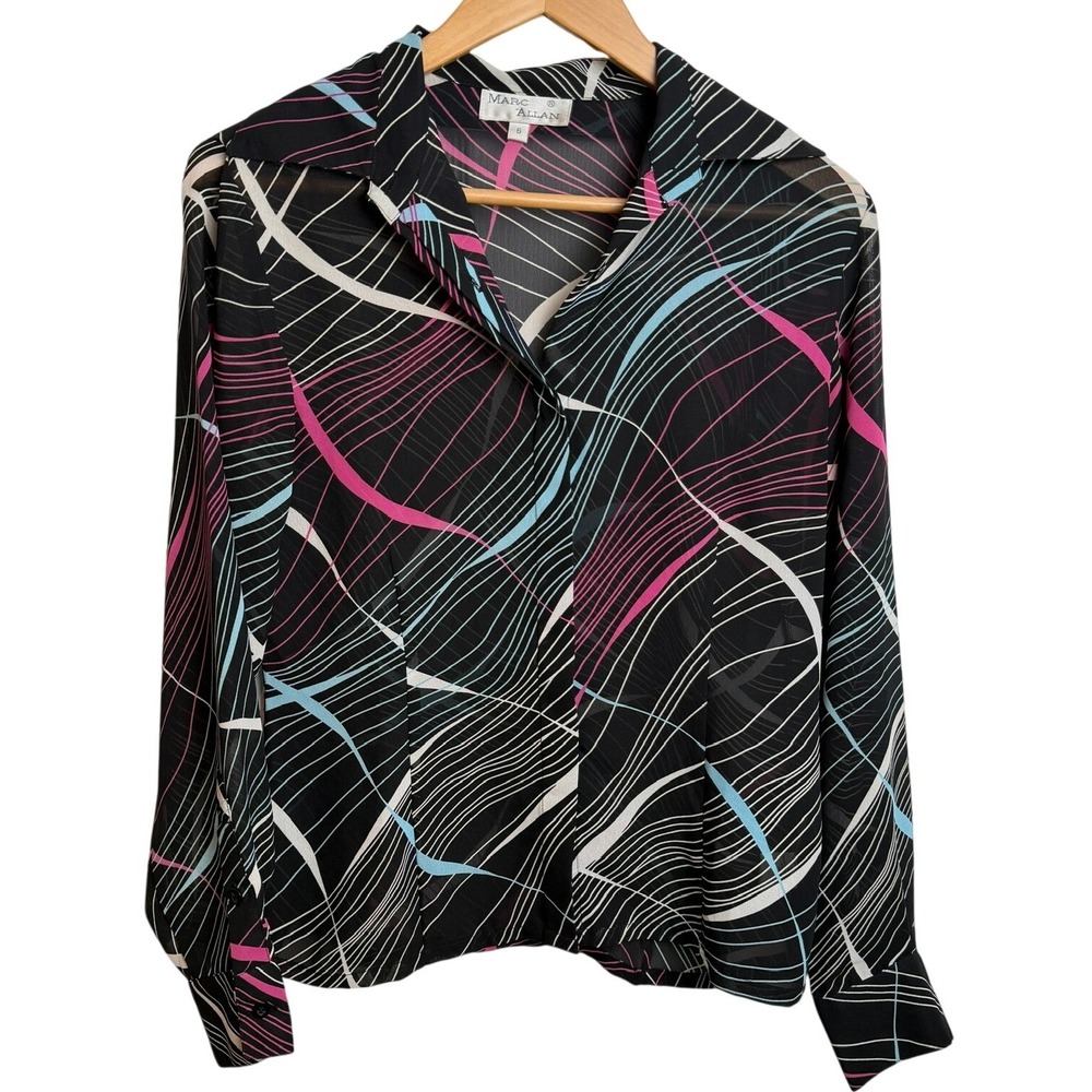 Marc Allan Womens 80s Sheer Blouse 6 Black Abstract Print Button Funky Artsy Y2K